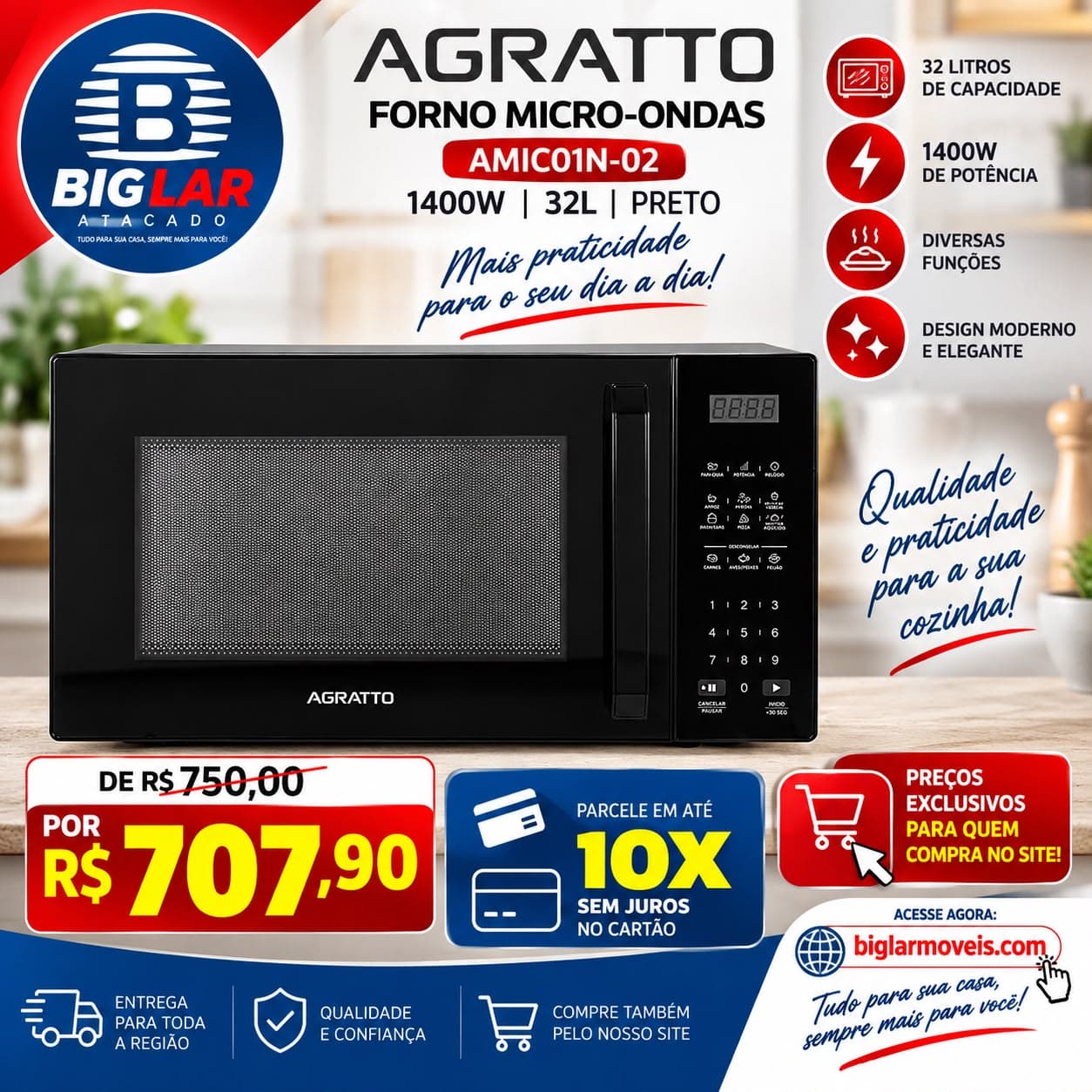 Micro-ondas Agratto 1400W 32L Preto - R$ 707,90 — foto 1