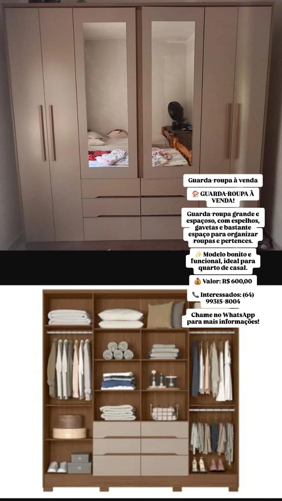 Guarda-roupa grande com espelhos e gavetas - R$ 600