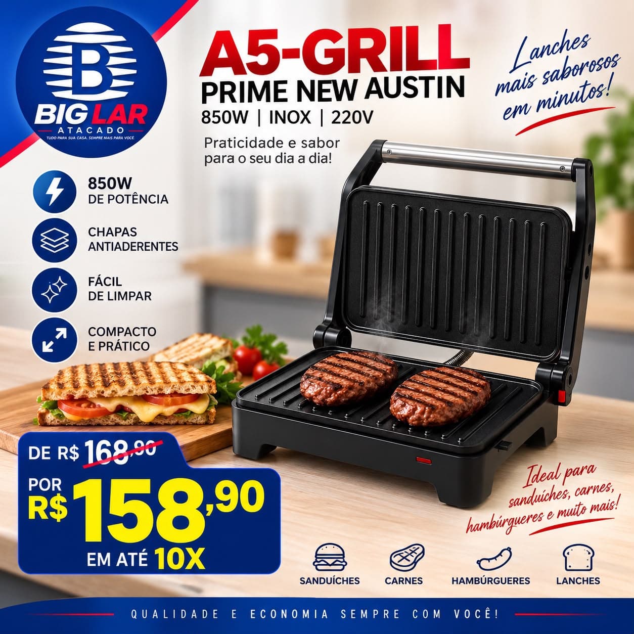 Grill Sanduicheira Elétrica A5 Prime Austin 850W Inox 220V — foto 1