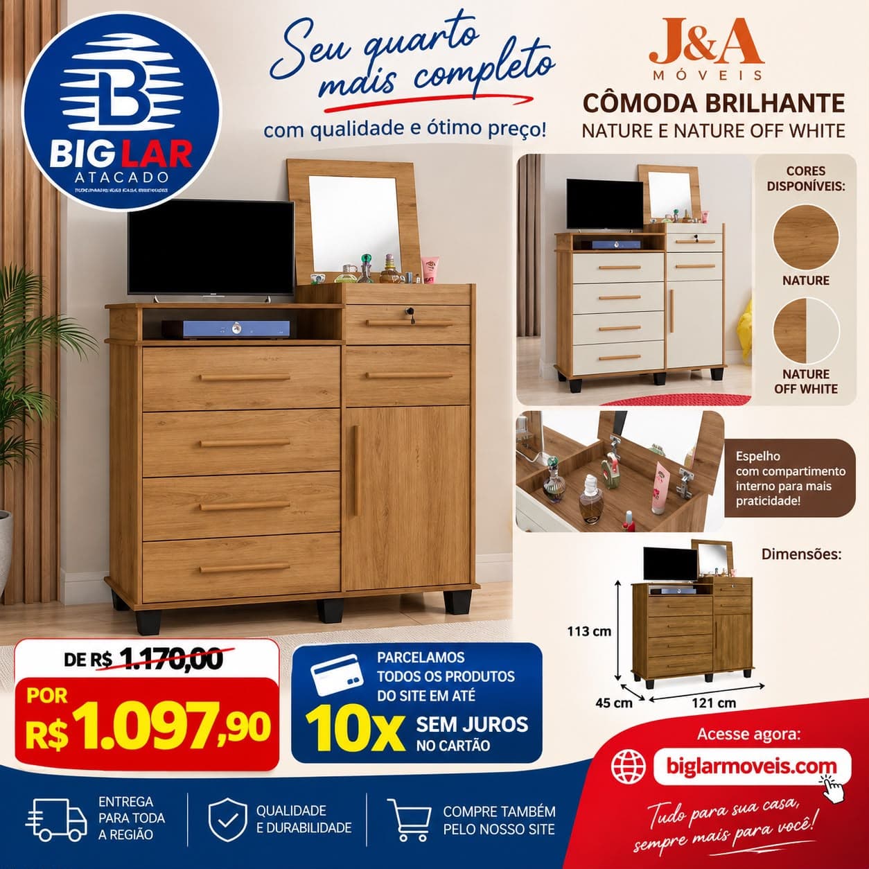 Cômoda Brilhante J&A Móveis com Espelho - Big Lar — foto 1